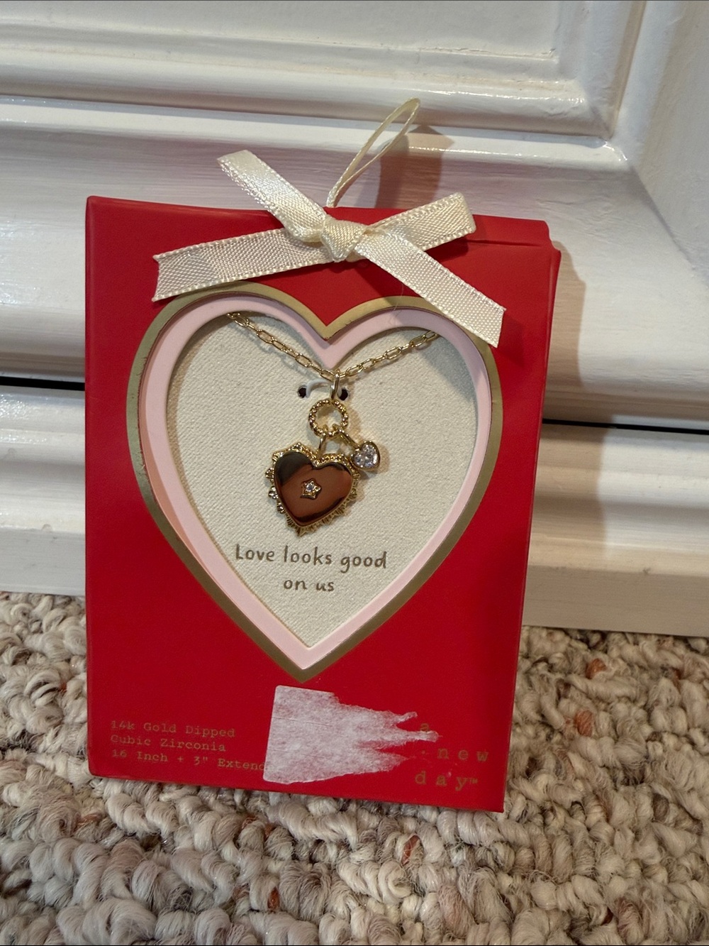 a new day Gold Heart Pendant Necklace with Brown Enamel and Clear Stone
